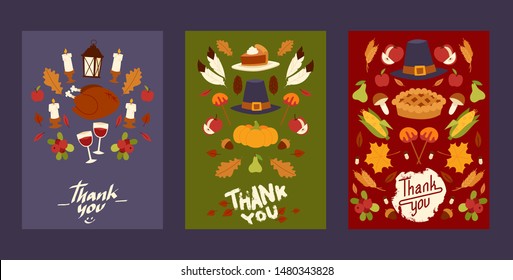 Thanksgiving holiday set of cards, posters with traditional turkey and fruit pie, pumpkin, apples and mushroom harvest vector illustration. Autumn maple leaf for thanksgiving day.