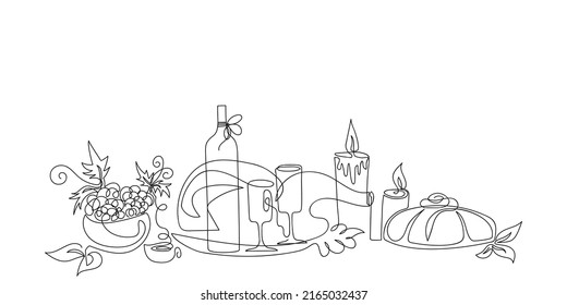 Thanksgiving holiday table drawn one line. Festive sketch. Doodle. Continuous line drawing art. Vector illustration in minimal style.