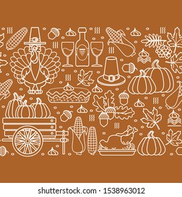 Thanksgiving Holiday Texture. Outline Striped seamless pattern. Ornamental border with stylized white line Thanksgiving symbols isolated on brown background. Vector illustration.