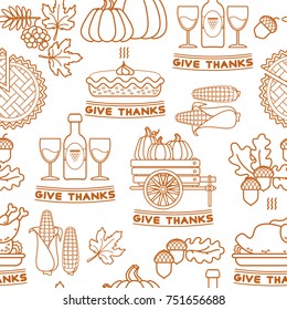 Thanksgiving Holiday Texture. Seamless Pattern. Thanksgiving outline symbols. Vector Background