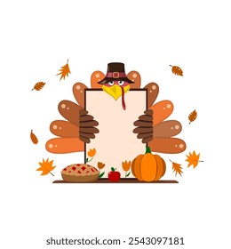 Thanksgiving holiday, turkey holding a sign with blank space for text.