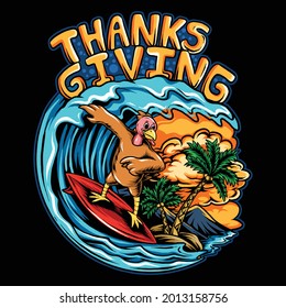 thanksgiving holiday turkey riding a surf board on the ocean waves on a beautiful beach with coconut trees