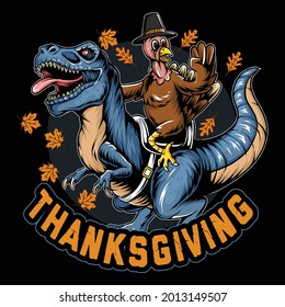 Thanksgiving holiday turkey riding a tyrannosaurus rex or t-rex