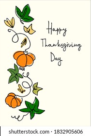 Thanksgiving holiday vertical design. Hand lettering decorated with a garland of pumpkins and pumpkin leaves on white background. Greeting card template, logo, emblem