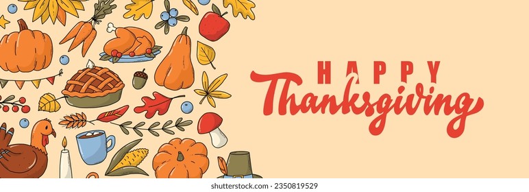 Thanksgiving horizontal banner with doodles and lettering quote for social media, prints, cards, templates, sales, leaflets, signs, invitations, etc. EPS 10