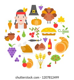 Thanksgiving icon and. Cute native Americans arrange as circle shape for use as cover,background,wallpaper,backdrop.flat design