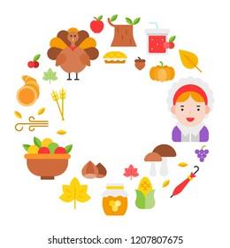 Thanksgiving icon arrange as circle frame shape for use as cover,background,wallpaper,backdrop.flat design