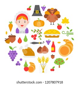 Thanksgiving icon arrange as circle shape for use as cover,background,wallpaper,backdrop.flat design