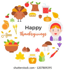 Thanksgiving icon arrange as circle shape and happy thanksgiving text for use as cover,background,wallpaper,backdrop.flat design