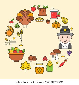 Thanksgiving icon arrange as circle shape and pilgrim for use as cover,background,wallpaper,backdrop.flat design editable stroke