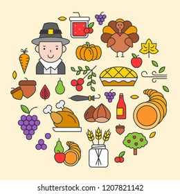 Thanksgiving icon arrange as circle shape for use as cover,background,wallpaper,backdrop.flat design