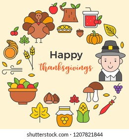 Thanksgiving icon arrange as circle shape and happy thanksgiving text for use as cover,background,wallpaper,backdrop.flat design editable outline