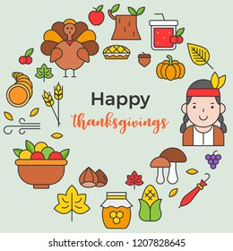Thanksgiving icon arrange as circle shape and happy thanksgiving text for use as cover,background,wallpaper,backdrop.flat design editable outline