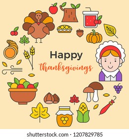 Thanksgiving icon arrange as circle shape and happy thanksgiving text for use as cover,background,wallpaper,backdrop.flat design editable outline