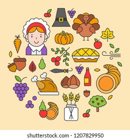 Thanksgiving icon arrange as circle shape for use as cover,background,wallpaper,backdrop.flat design editable outline
