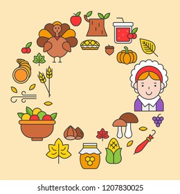 Thanksgiving icon arrange as circle shape for use as cover,background,wallpaper,backdrop.flat design editable outline