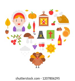 Thanksgiving icon arrange as heart shape for use as cover,background,wallpaper,backdrop.flat design
