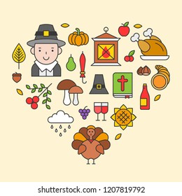 Thanksgiving icon arrange as heart shape for use as cover,background,wallpaper,backdrop.flat design editable stroke