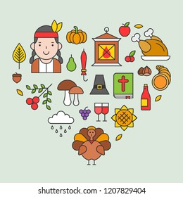 Thanksgiving icon arrange as heart shape for use as cover,background,wallpaper,backdrop.flat design editable stroke