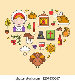 Thanksgiving icon arrange as heart shape for use as cover,background,wallpaper,backdrop.flat design editable stroke