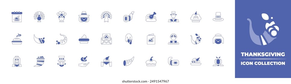 Thanksgiving icon collection. Duotone style line stroke and bold. Vector illustration. Containing cornucopia, thanksgiving, applepie, invitation, pie, pilgrim, turkey, leprechaun, greetingcard.