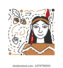 Thanksgiving icon concept design isolated on textured abstract background. Holiday drawing with female character and acorns. Cute native girl. Indigenous woman hand drawn flat vector illustration