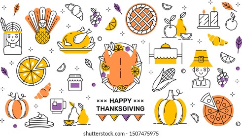 Thanksgiving icon set. Thanksgiving icon background. Festive holiday background. Vector Happy Thanksgiving background. Editable stroke. Happy Thanksgiving vector banner. icon element