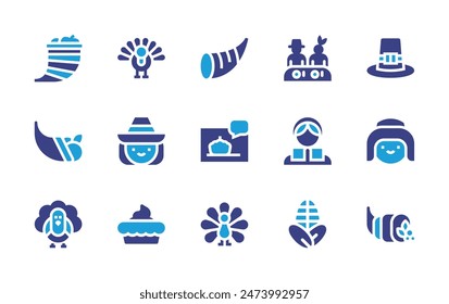 Thanksgiving icon set. Duotone color. Vector illustration. Containing cornucopia, turkey, thanksgiving, pie, corn, invitation, pilgrim. 