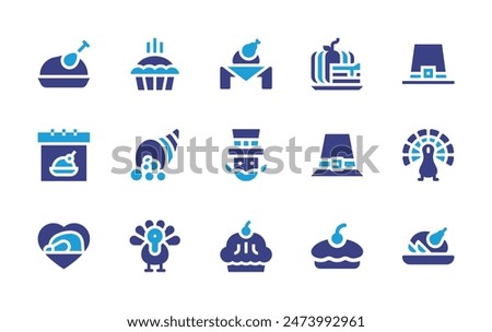 Thanksgiving icon set. Duotone color. Vector illustration. Containing heart, thanksgiving, cornucopia, applepie, hat, calendar, roastedchicken, pilgrim, truthahn, pie, leprechaun, pumpkinpie. 