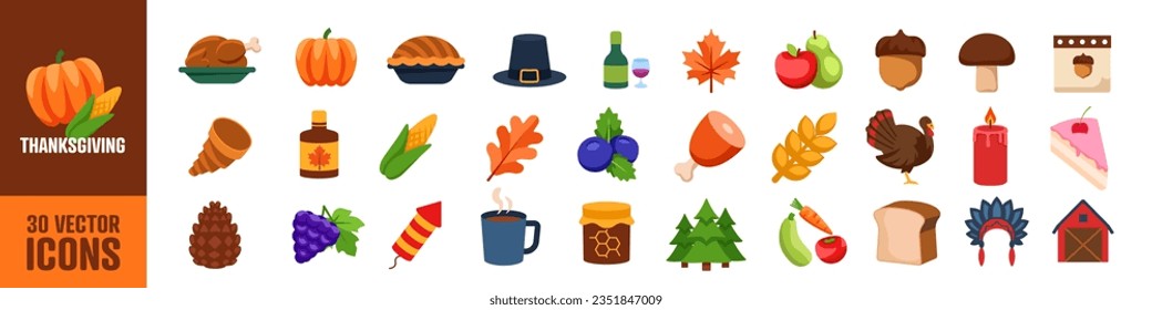 Thanksgiving icon set. Flat style.