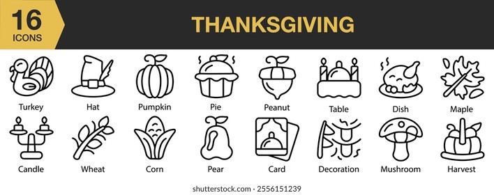 Thanksgiving icon set. Includes pie, peanut, table, dish, card, pear, decoration, maple, and More. Outline icons vector collection.