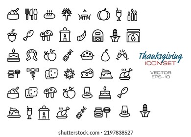 Thanksgiving Icon Set with Line Style Concept Isolated on White Background. This Set Consist of 33 Icon Among dessert, cheers, bakery, dinner, fruits, candles, cocktail, etc. Vector Illustration