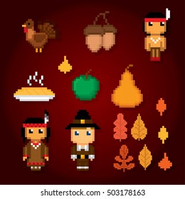 Thanksgiving icon set. Pixel art. Old school computer graphic style. Games elements