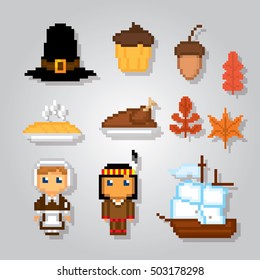Thanksgiving icon set. Pixel art. Old school computer graphic style. Games elements