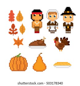 Thanksgiving icon set. Pixel art. Old school computer graphic style. Games elements