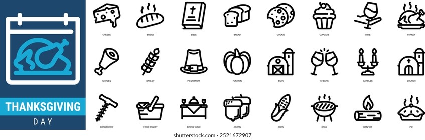 Conjunto de iconos de acción de gracias Ilustración de stock con estilo de línea que incluye queso, pan, biblia, pan, galleta, magdalena, vino, Turquía, pierna de jamón, cebada