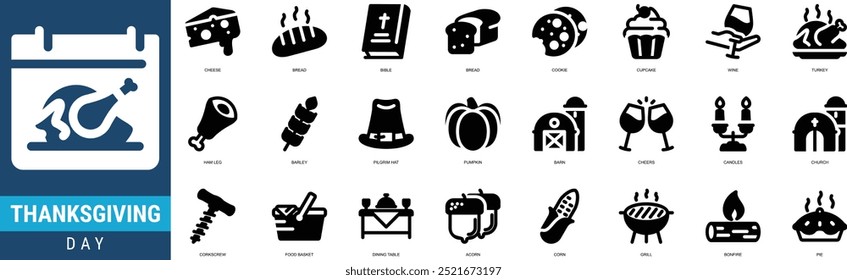 Thanksgiving Icon Set Stockillustration mit Glyph Style inklusive Käse, Brot, Bibel, Brot, Keks, Cupcake, Wein, Türkei, Schinkenbein, Gerste