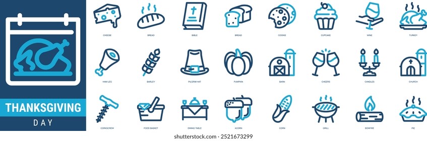 Thanksgiving Icon Set Stockillustration mit Linie 2 Ton Stil einschließlich Käse, Brot, Bibel, Brot, Keks, Cupcake, Wein, Türkei, Schinkenbein, Gerste