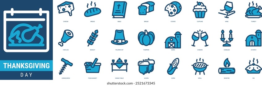 Thanksgiving Icon Set Stockillustration mit blauer Linie Stil einschließlich Käse, Brot, Bibel, Brot, Keks, Cupcake, Wein, Türkei, Schinkenbein, Gerste