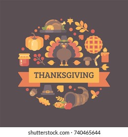 Thanksgiving icons arranged into circle. Colorful autumn holiday background