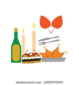 Thanksgiving icons. Autumn elements with roast turkey. pumpkin, pilgrim hat, pie, vegetables, fruits. Autumn holiday season. Vector illustration