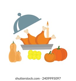 Thanksgiving icons. Autumn elements with roast turkey. pumpkin, pilgrim hat, pie, vegetables, fruits. Autumn holiday season. Vector illustration