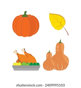 Thanksgiving icons. Autumn elements with roast turkey. pumpkin, pilgrim hat, pie, vegetables, fruits. Autumn holiday season. Vector illustration