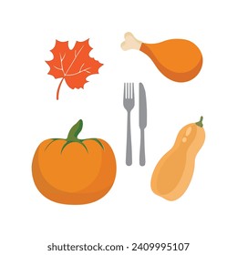 Thanksgiving icons. Autumn elements with roast turkey. pumpkin, pilgrim hat, pie, vegetables, fruits. Autumn holiday season. Vector illustration