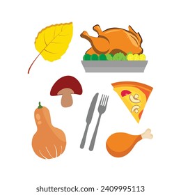 Thanksgiving icons. Autumn elements with roast turkey. pumpkin, pilgrim hat, pie, vegetables, fruits. Autumn holiday season. Vector illustration