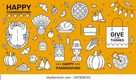 Thanksgiving icons. Thanksgiving background. Thanksgiving food iconcollection of turkey, chicken, pies, cake, fruits, pumpkin, corn. Flat vector holiday illustration