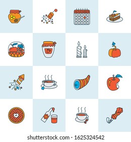 Thanksgiving icons colored line set with umbrella, pumpkin, cider and other beverage elements. Isolated vector illustration thanksgiving icons.