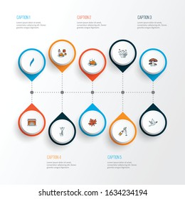 Thanksgiving icons colored line set with cooked turkey, dove, celebration and other plume elements. Isolated vector illustration thanksgiving icons.