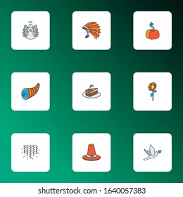 Thanksgiving icons colored line set with pumpkin, angel, light garlands dessert elements. Isolated vector illustration thanksgiving icons.
