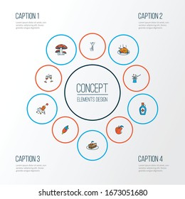 Thanksgiving icons colored line set with stemware, corn, maple syrup and other paper figure elements. Isolated vector illustration thanksgiving icons.